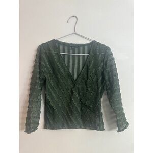 Fairycore Sheer Olive Green Top - Bernardo Textured Mesh Striped Long Sleeve S